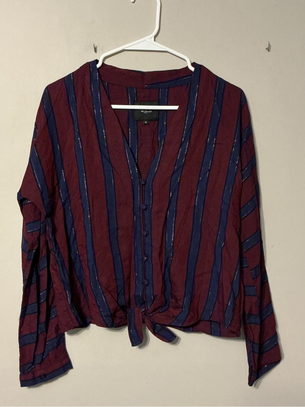 Rails Burgundy & Navy Striped Button-Front Tie Hem Top